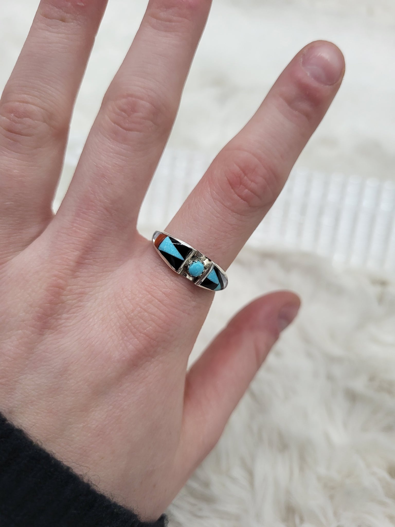 Navajo Turquoise, Onyx, Coral, and Mother of Pearl Sterling Silver Ring