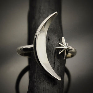 Sterling Silver Adjustable Moon and Star Ring