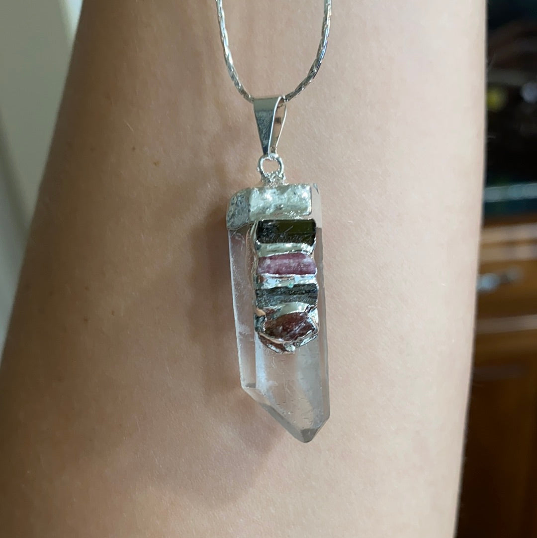 Clear Quartz with Tourmalines Silver Plated Necklace - The Pearl of Door County