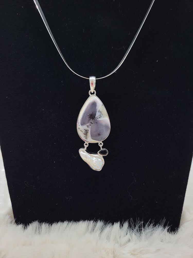 Dendritic Agate with Garnet Sterling Silver Pendant