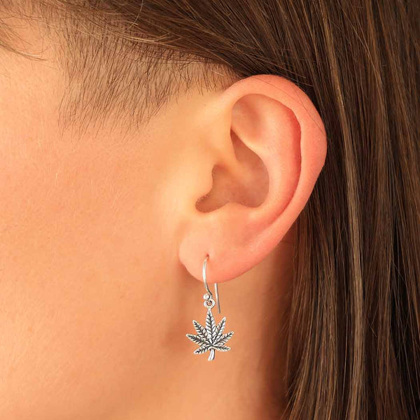 Sterling Silver Pot Leaf Dangle Earrings