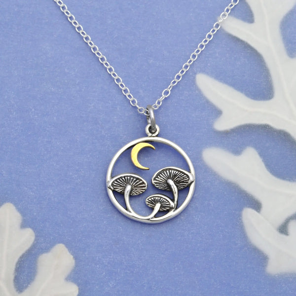 Sterling Silver Mushroom Necklace with Bronze Moon