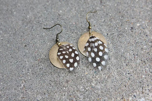 Brass Coin and Guinea Hen Feather Earrings - DaniAWESOME