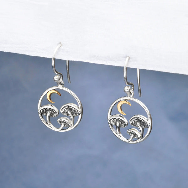 Silver Mushroom Dangle Earrings with Bronze Moon