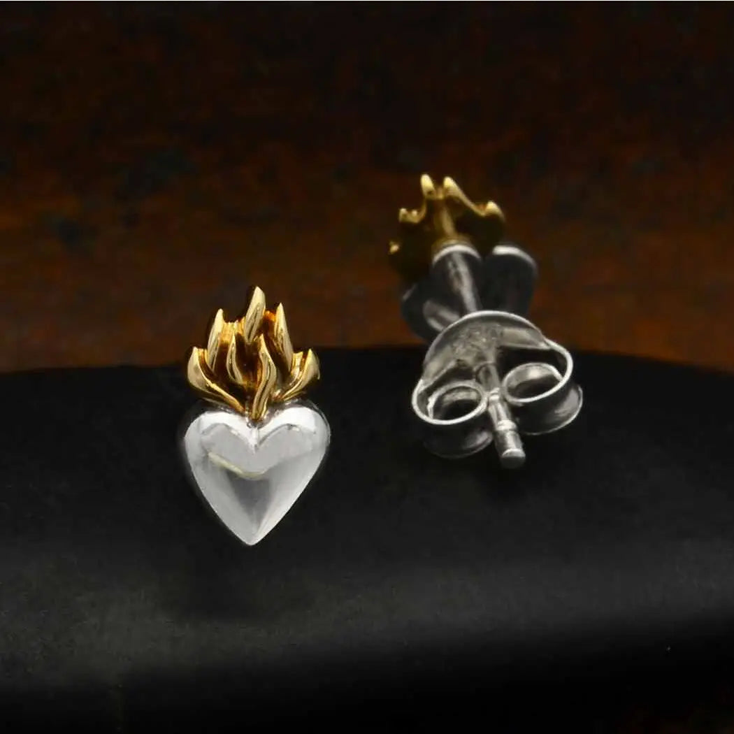 Sterling Silver Heart Post Earrings with Bronze Flame