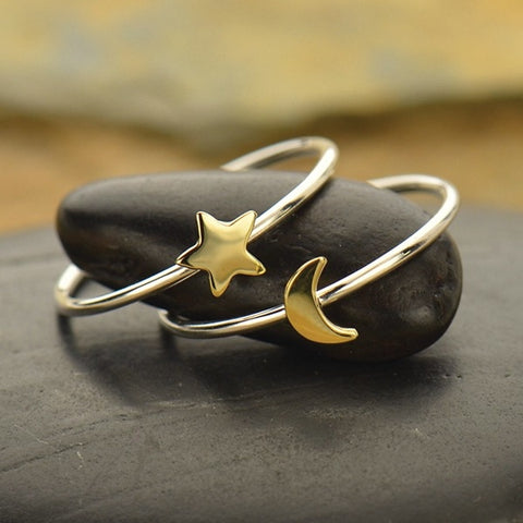 Sterling Silver Ring Set - Tiny Bronze Moon and Star