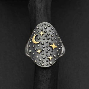 Silver Night Sky Ring with Bronze Moon and Stars