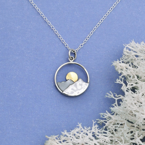 Sterling Silver Mountain Necklace with Bronze Sun