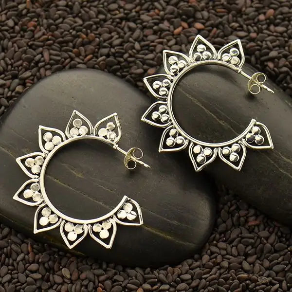 Sterling Silver Lotus Hoop Earrings with Granulation