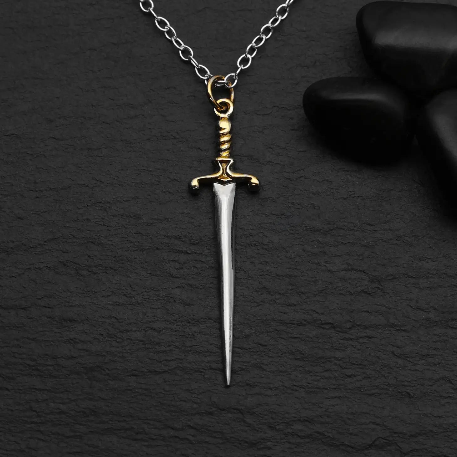 Sterling Silver Sword Necklace with Bronze Handle 18 Inch