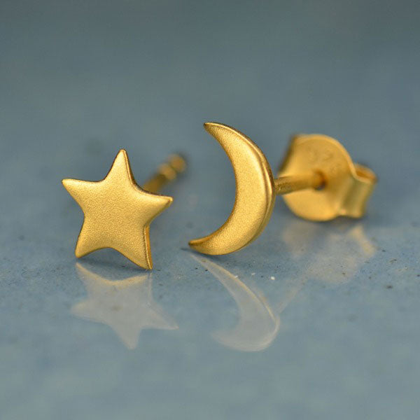 Gold Stud Earrings - Star and Moon in 24k Gold Plate